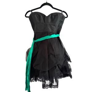 BEBE Black Silk Organza Green Satin Sash Dark Fairy Mini Dress Sweetheart - Sz S